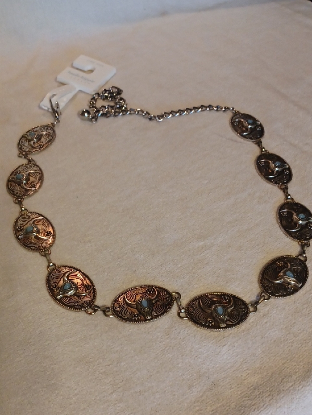 Haute Hippie Silver Tone Concho Chain Belt with Turquoise Accents
